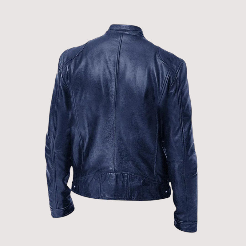 Dunkelblaue Lederjacke von hinten mit Rückennähten und seitlichen Druckknöpfen am Bund 5
