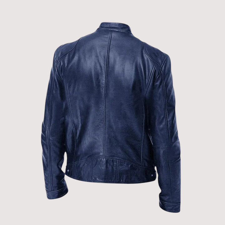 Dunkelblaue Lederjacke von hinten mit Rückennähten und seitlichen Druckknöpfen am Bund 5