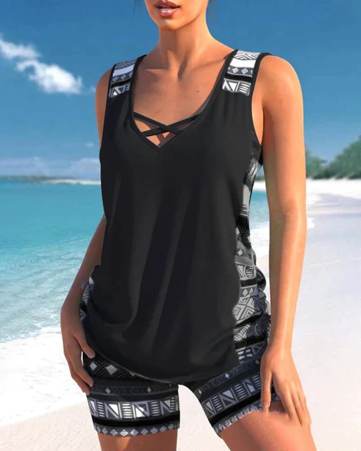 Trendy badetøj med V-udskæring og geometrisk mønster – Tankini-sæt Madonna