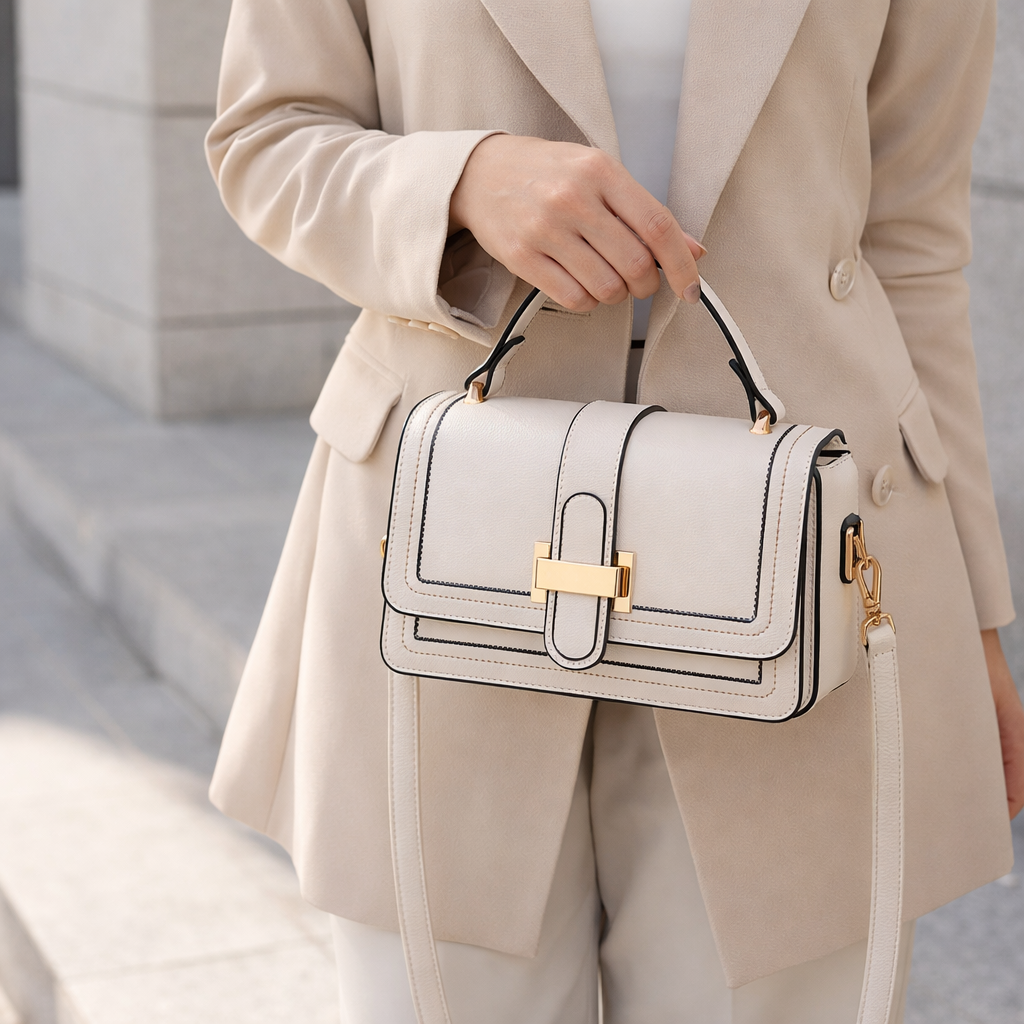 Model in beigem Blazer hält die cremeweiße Tasche am Tragegriff, die goldene Schließe und der Schulterriemen sind gut sichtbar. 2