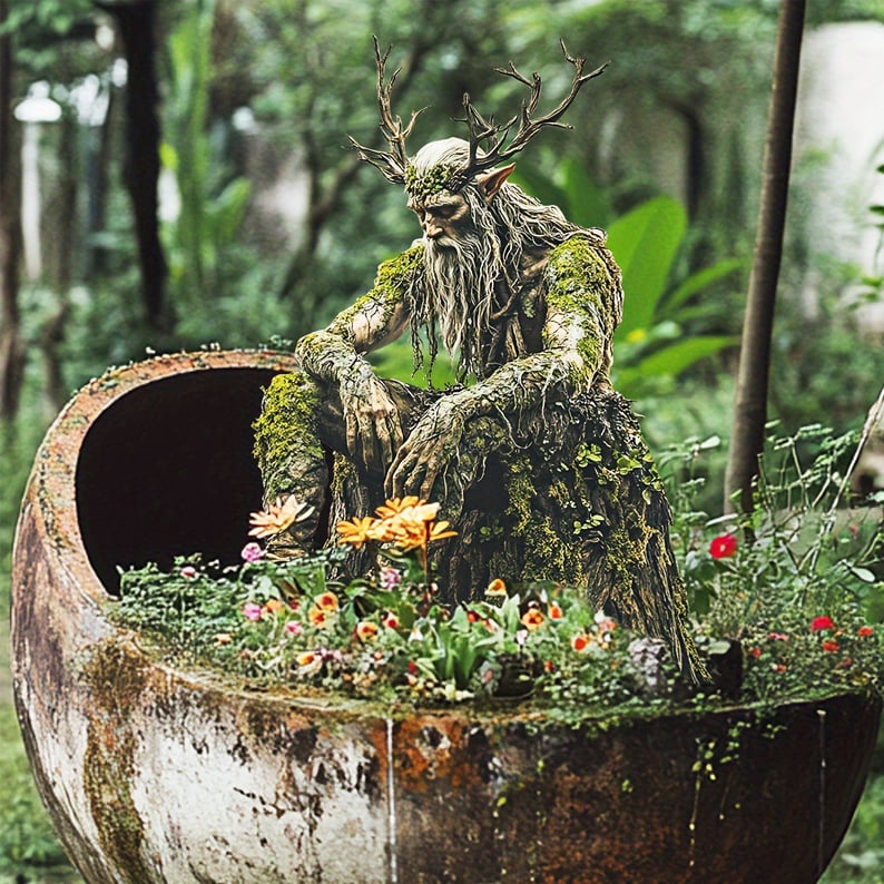 Sitzender Waldgeist mit Geweih in einem großen, verwitterten Pflanzgefäß zwischen orangefarbenen und roten Blumen. 7