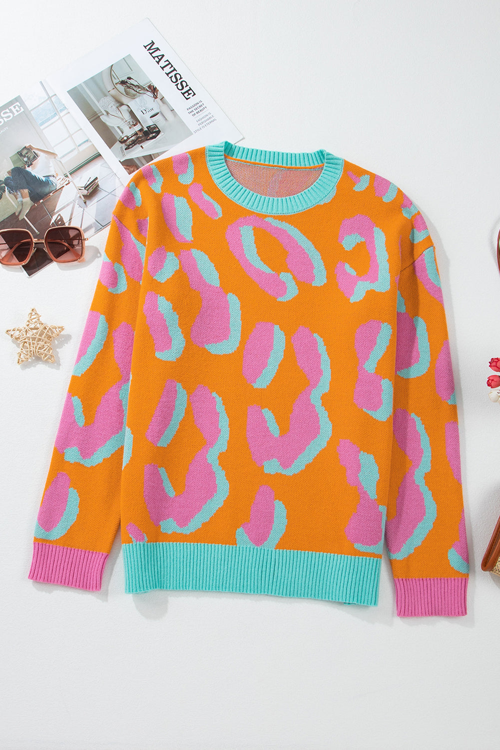 Women's sweater with color block leopard pattern and round neckline – Liora