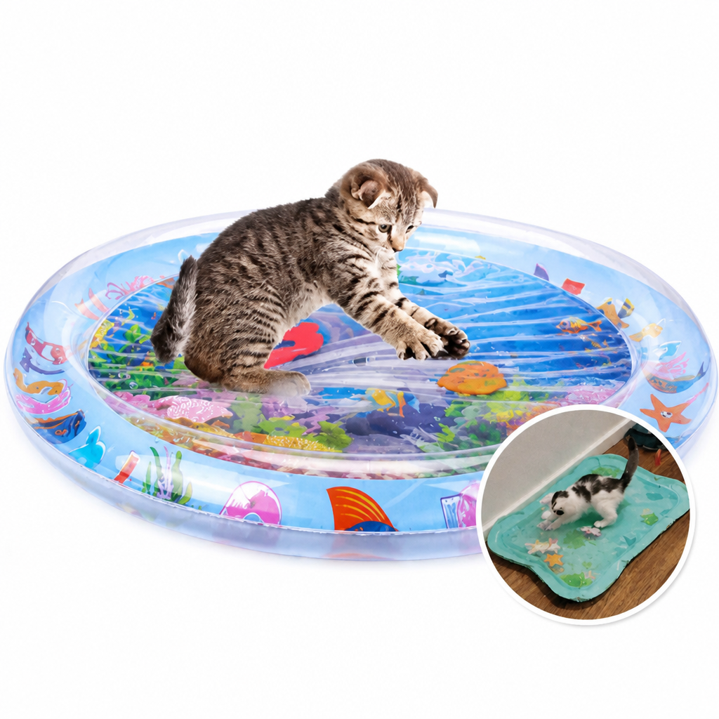 Kätzchen patscht auf die runde Wassermatte mit bunten Meerestieren, in einem kleinen Einsatzbild spielt eine Katze auf einer türkisfarbenen Matte. 6