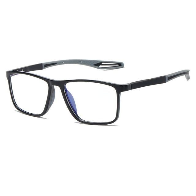 Freigestellte Brille mit schwarzem Rahmen und grauen Bügelenden, die Gläser zeigen einen bläulichen Schimmer, auf weißem Hintergrund. 13