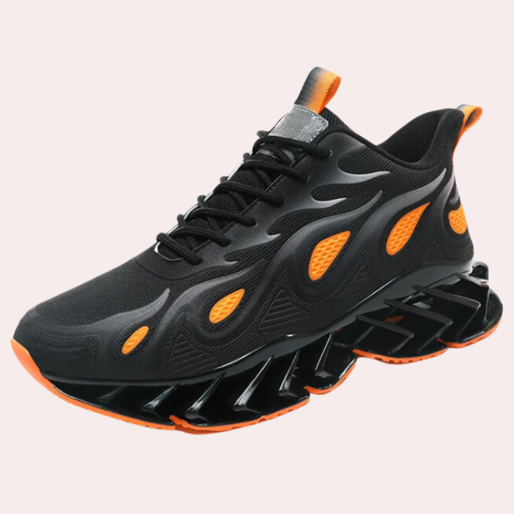 Schwarzer Sportschuh mit orangefarbenen Akzenten, atmungsaktiv, rutschfeste Sohle, Herren Sneaker.