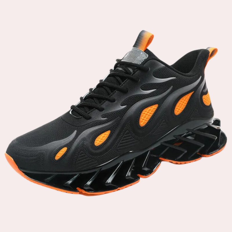 Schwarzer Sportschuh mit orangefarbenen Akzenten, atmungsaktiv, rutschfeste Sohle, Herren Sneaker.