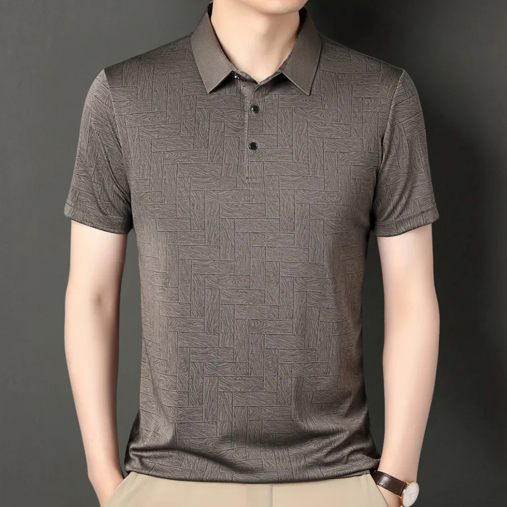 Braunes Herren-Poloshirt, kurzärmelig, mit geometrischem Muster, eleganter Freizeitstil.
