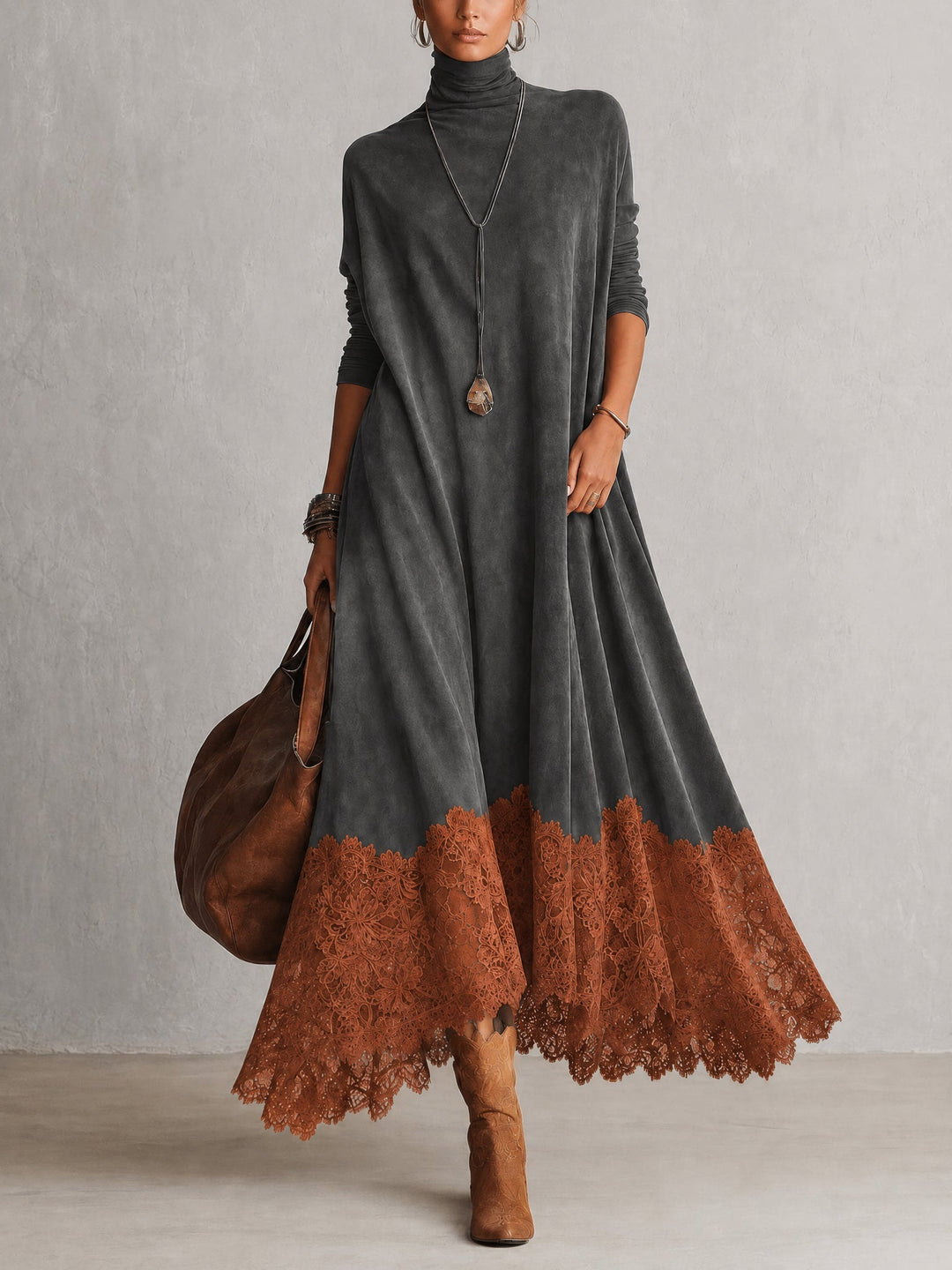 Graues Kleid mit rostorangem Spitzensaum, getragen mit Lederhandtasche und Stiefeln 10