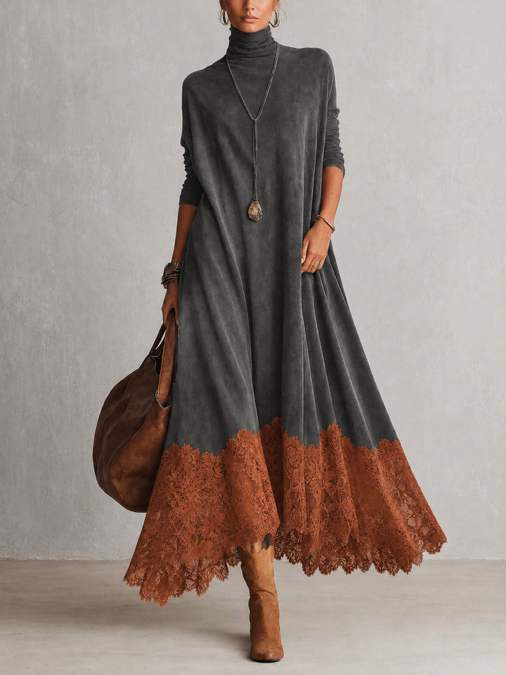 Graues Kleid mit rostorangem Spitzensaum, getragen mit Lederhandtasche und Stiefeln 10