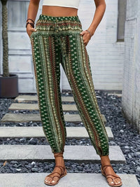 Boho High-Waist Women's Pants with Print & Smocked Waist – Linara