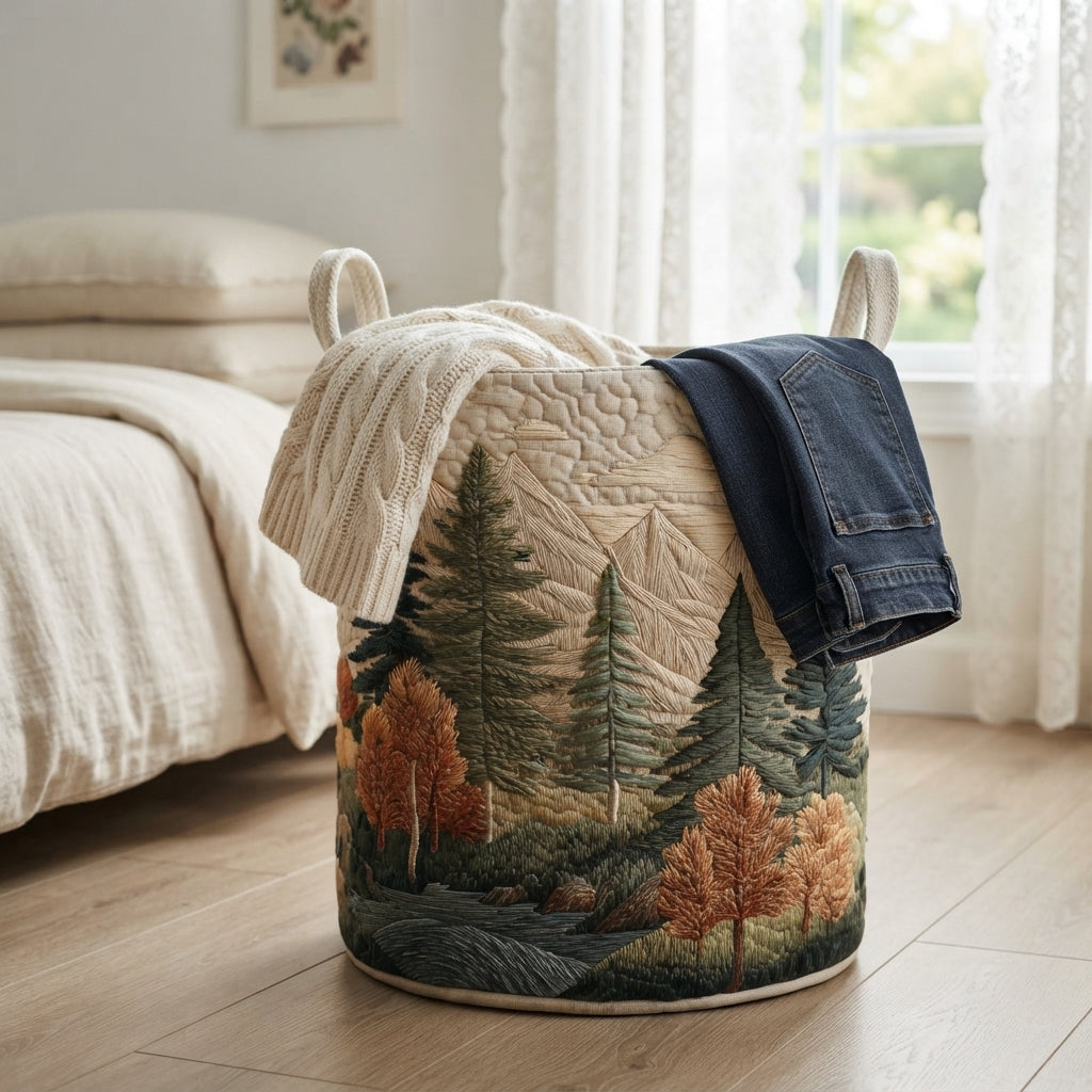 Waldmotiv-Korb im Schlafzimmer neben dem Bett, mit hellem Strickpullover und dunkler Jeans über dem Rand. 13