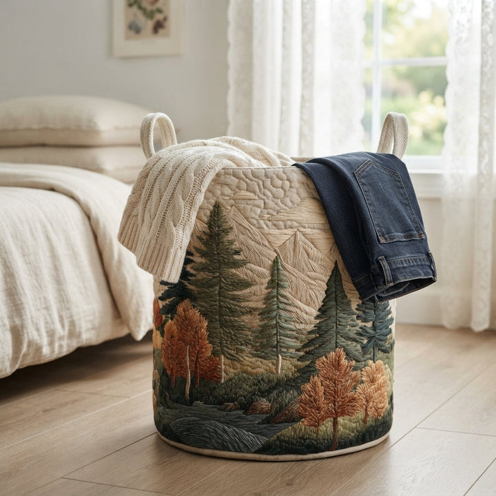 Waldmotiv-Korb im Schlafzimmer neben dem Bett, mit hellem Strickpullover und dunkler Jeans über dem Rand. 13