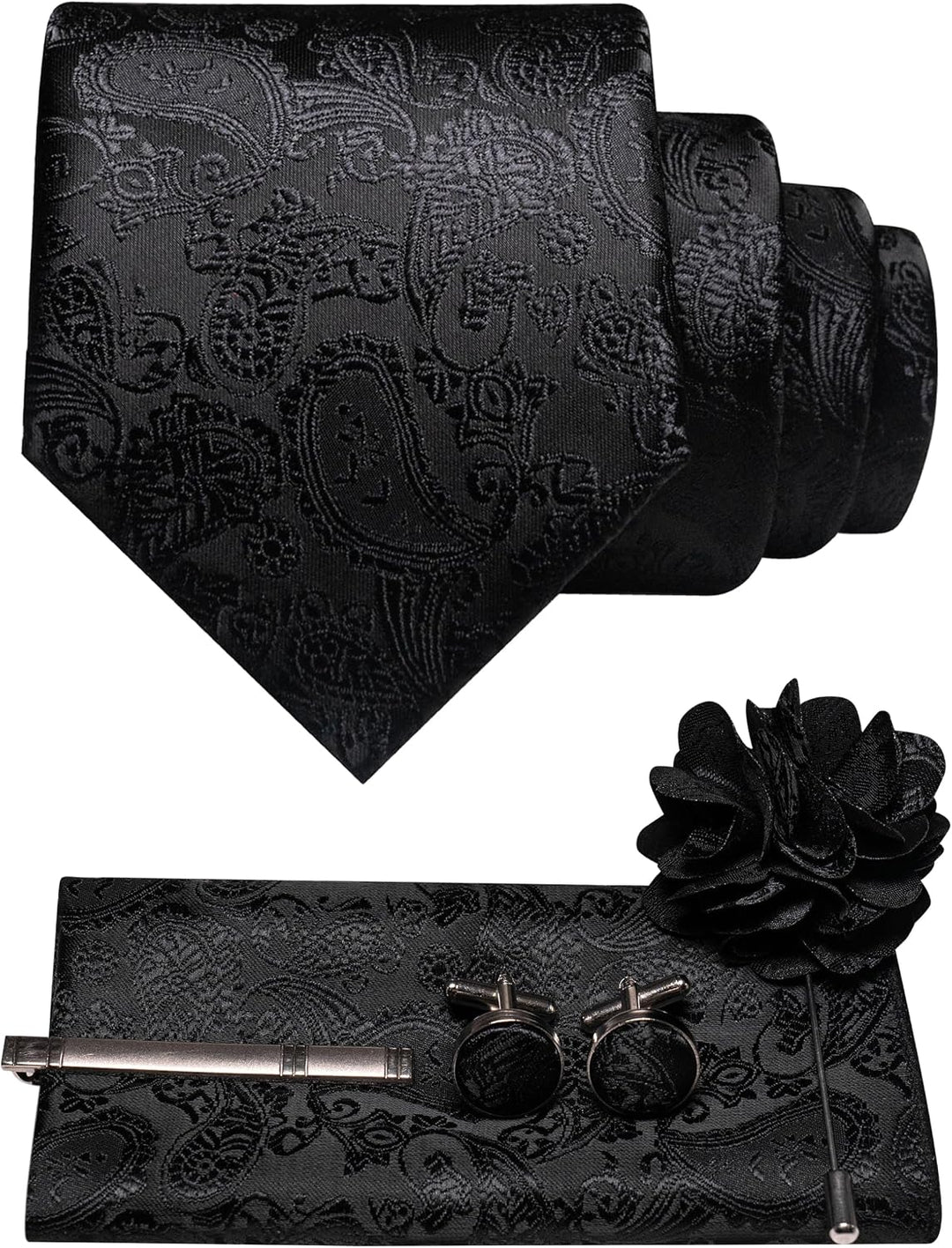 Schwarzes Paisley-Set mit gleichfarbigem Muster aus Krawatte, Einstecktuch, Manschettenknöpfen, Krawattenklammer und Blumenbrosche, groß abgebildet. 37