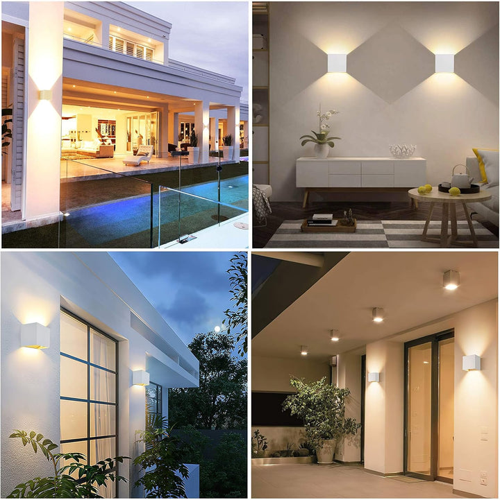 Collage aus vier Fotos mit weißen Wandleuchten an einer Villa mit Pool, im Wohnzimmer über einem Sideboard und unter einem Vordach. 15