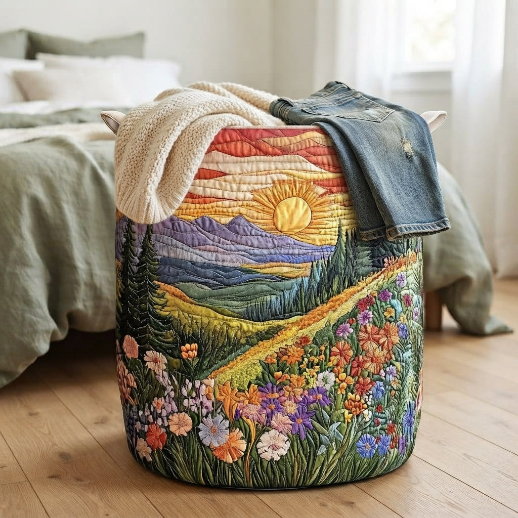 Der Korb steht neben einem Bett, mit Strickdecke und Jeans oben darauf, und zeigt das gestickte Landschaftsmotiv seitlich. 4