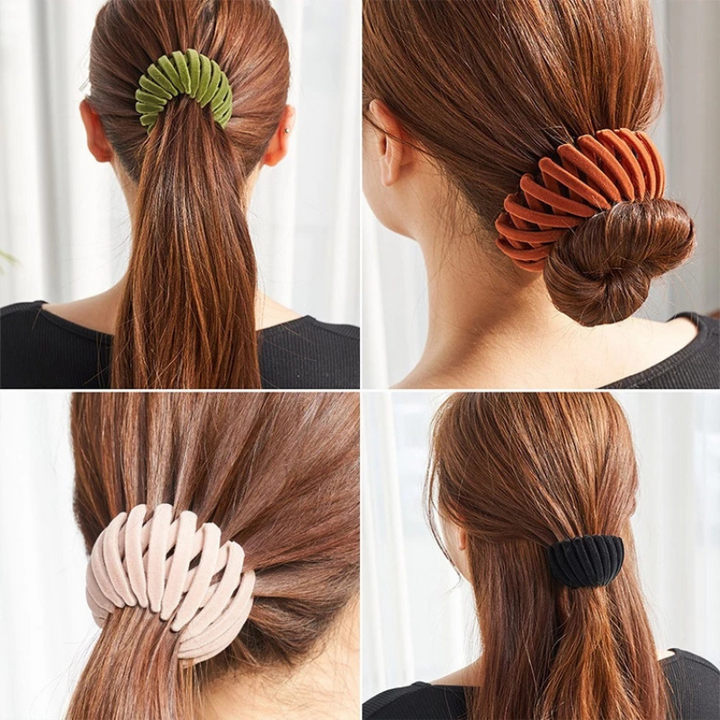 Vier Ansichten der Klammer im Haar: als Pferdeschwanz-Halter in Grün, Rostbraun, Rosa und Schwarz am glatten braunen Haar. 3