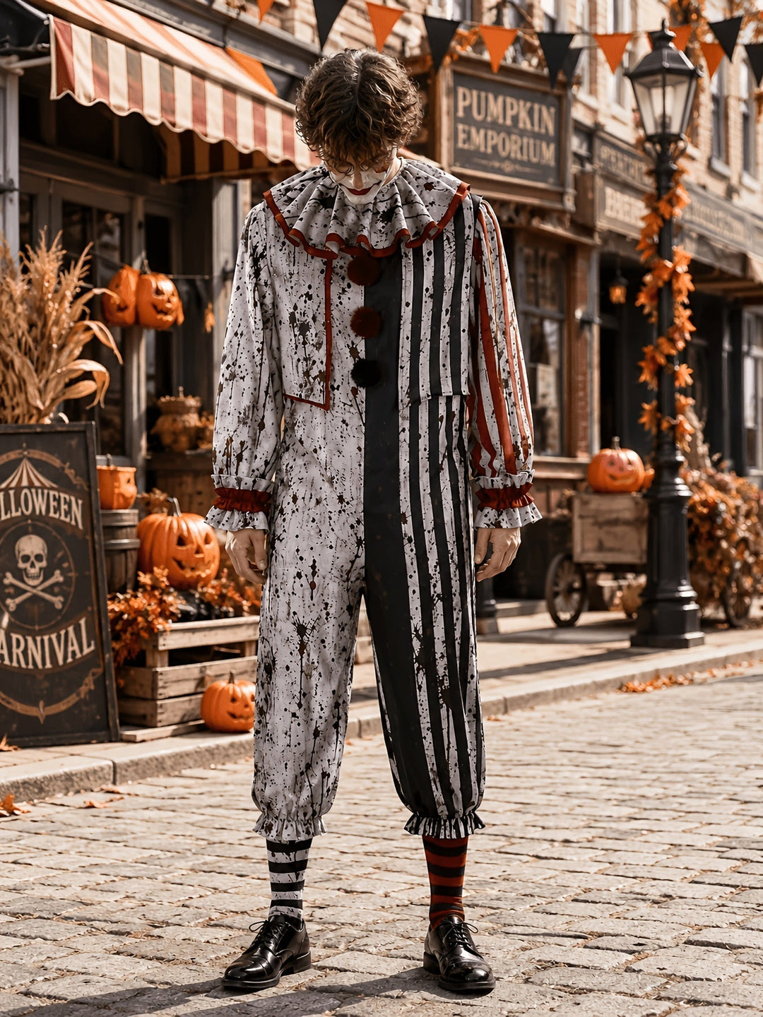 Frontansicht des gestreiften, blutbespritzten Clown-Overalls mit Rüschenkragen und Bommeln, getragen von einem Mann mit Clown-Schminke vor herbstlich dekorierte 1