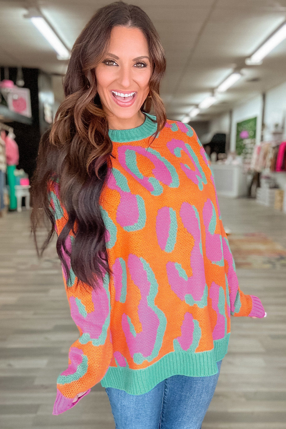 Women's sweater with color block leopard pattern and round neckline – Liora