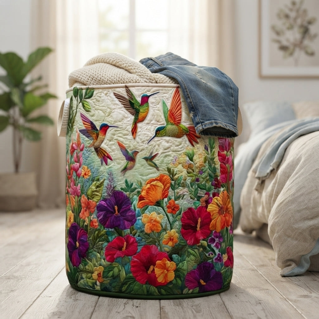 Der Korb mit Kolibri- und Blumenmotiv steht auf Holzdielen im Schlafzimmer, gefüllt mit Strickdecke und Jeans, neben dem Bett. 4