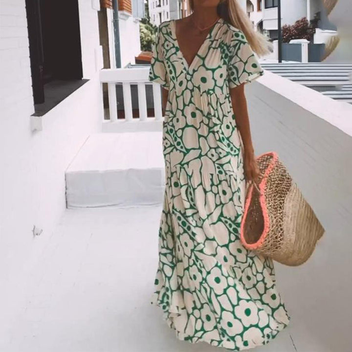 Green maxi dress with short sleeves and print – Elisa