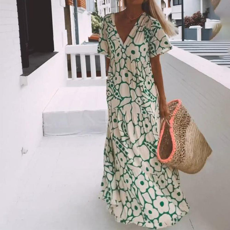 Green maxi dress with short sleeves and print – Elisa