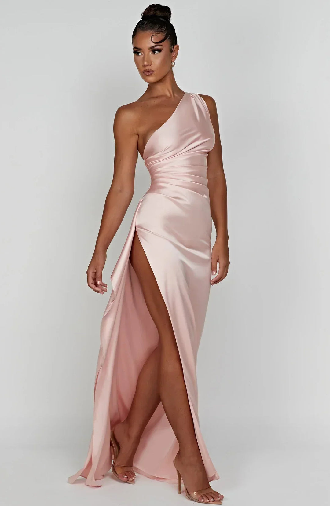 Satin stripe evening dress with one shoulder strap - Vivienne