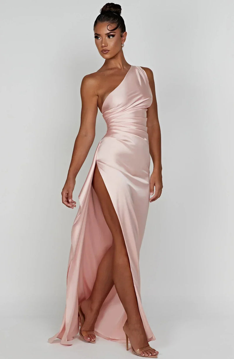 Satin stripe evening dress with one shoulder strap - Vivienne