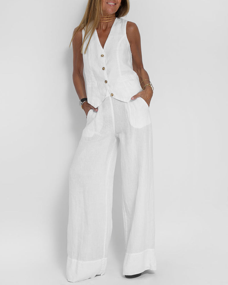 Linen 2-piece set with wide-cut pants and vest – Alma