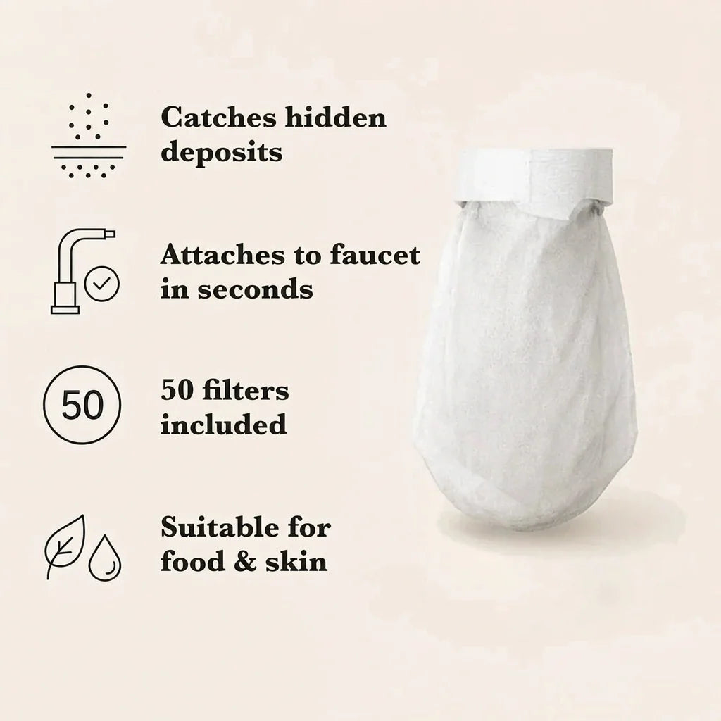 Weißer Filterbeutel mit Klettband vor beigem Hintergrund, daneben vier Symbole zu Eigenschaften des Filters. 5