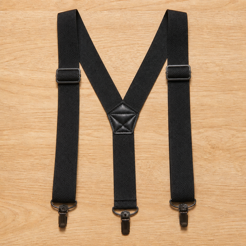Schwarze Hosenträger in Y-Form mit drei Metallclips, Längenverstellern und gestepptem Mittelstück, flach auf Holz liegend. 7