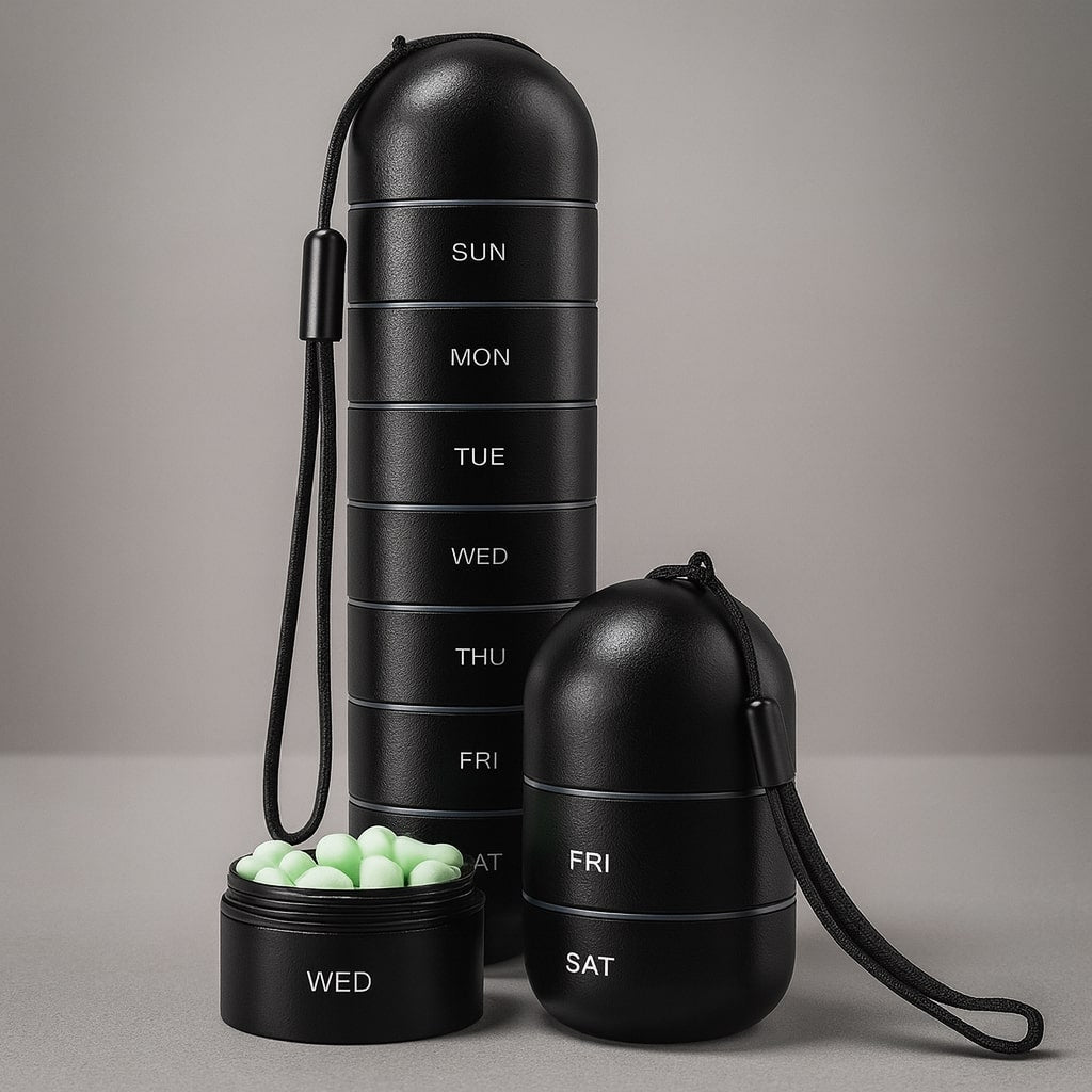Schwarze Pillendose mit Trageschlaufe als hoher Siebenfach-Turm, davor ein offenes Fach mit hellgrünen Tabletten und ein kurzer Teilstapel. 3
