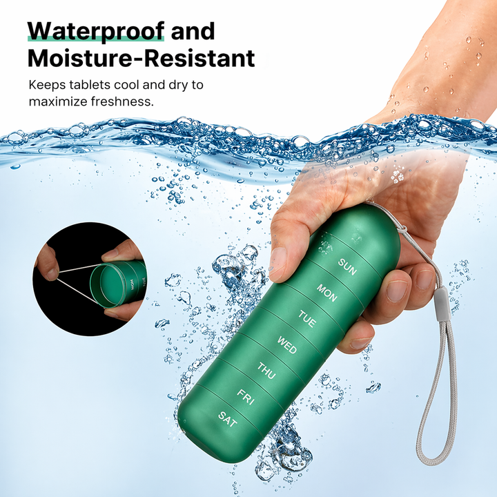 Grüne Pillendose wird in einer Hand unter Wasser gehalten, links ein Ausschnitt mit dem Dichtungsring im Inneren des Deckels. 6
