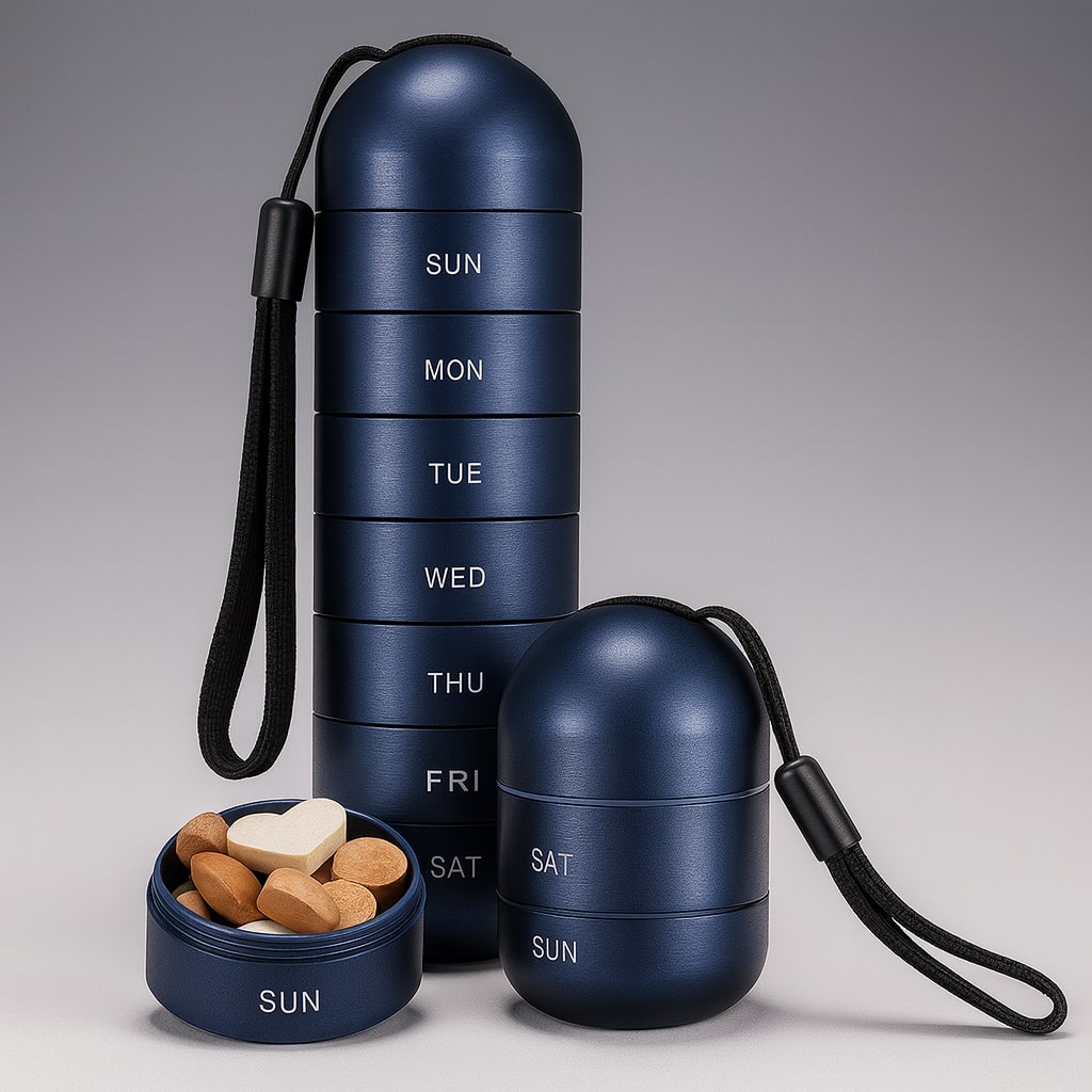 Dunkelblaue Pillendose mit schwarzer Schlaufe als Siebenfach-Turm, davor ein offenes Fach mit braunen und herzförmigen Tabletten und ein kurzer Teilstapel. 7