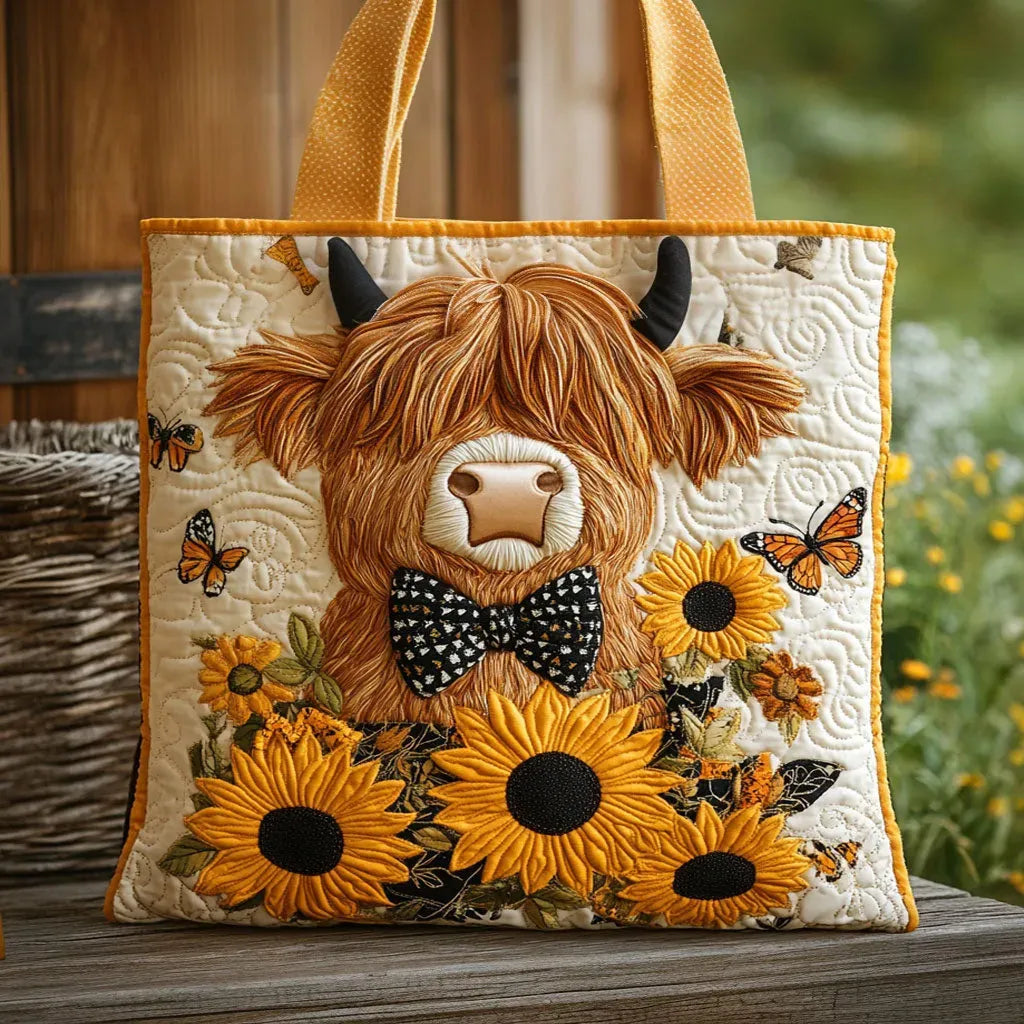 Gesteppte Tasche mit Highland-Rind, Fliege, Sonnenblumen und Schmetterlingen, auf einer Holzbank im Freien vor Weidenkorb und Wiese. 1