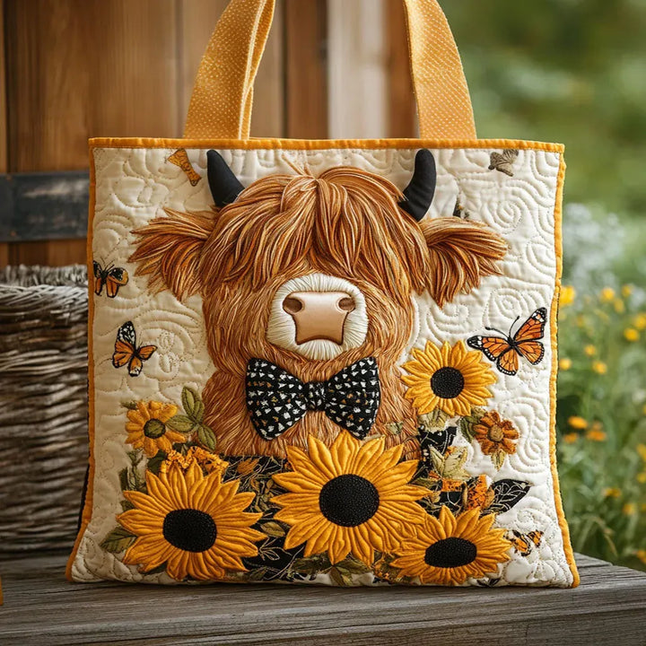 Gesteppte Tasche mit Highland-Rind, Fliege, Sonnenblumen und Schmetterlingen, auf einer Holzbank im Freien vor Weidenkorb und Wiese. 1