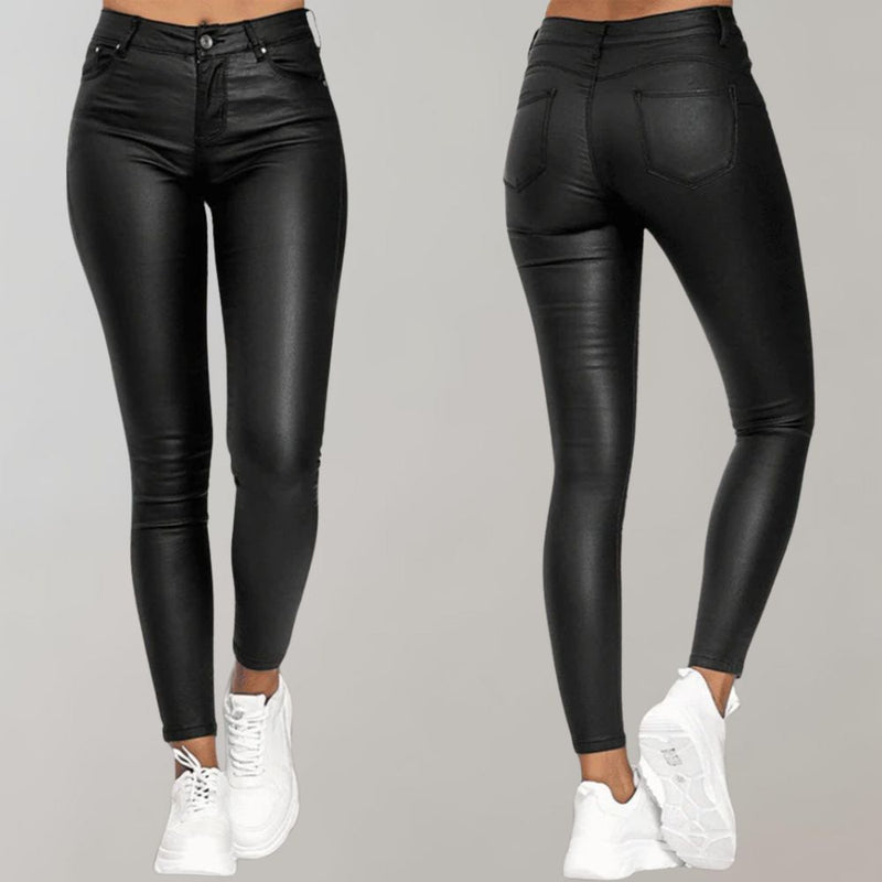 Schwarze Damen-Lederhose, eng anliegend, hohe Taille, modisch, bequem, ideal für Freizeit.