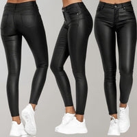 Schwarze Damen-Lederhose, eng anliegend, elegant, bequem, mit Taschen, modisch, vielseitig.