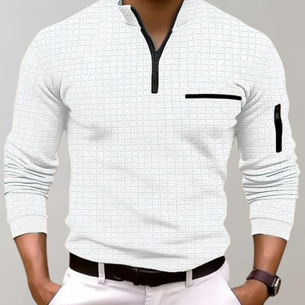 Weißes Herren-Poloshirt mit Reißverschluss, Langarm, kariertes Muster, modisch, elegant.