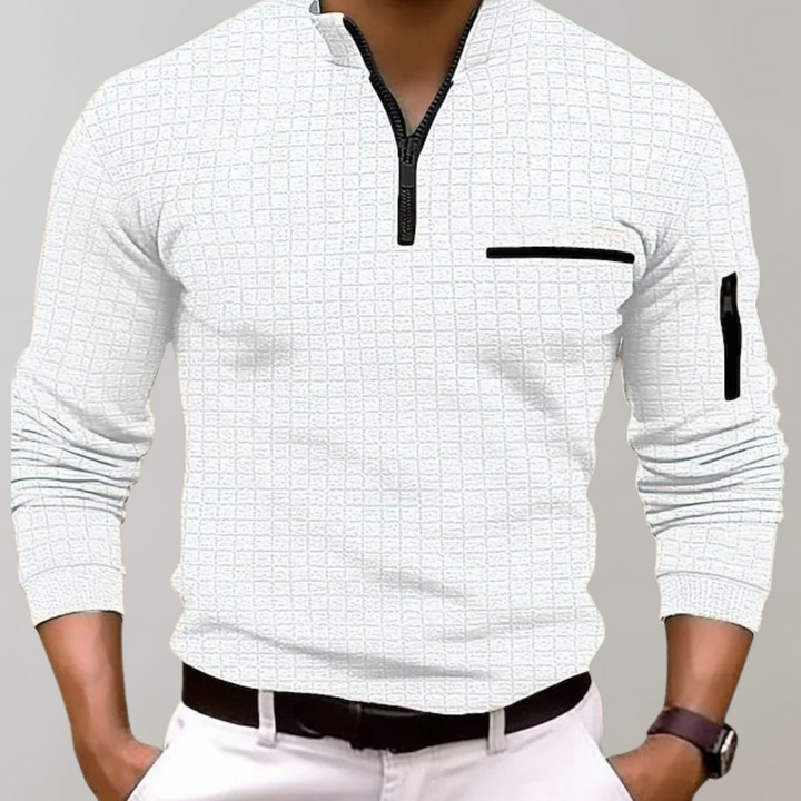 Weißes Herren-Poloshirt mit Reißverschluss, Langarm, kariertes Muster, modisch, elegant.