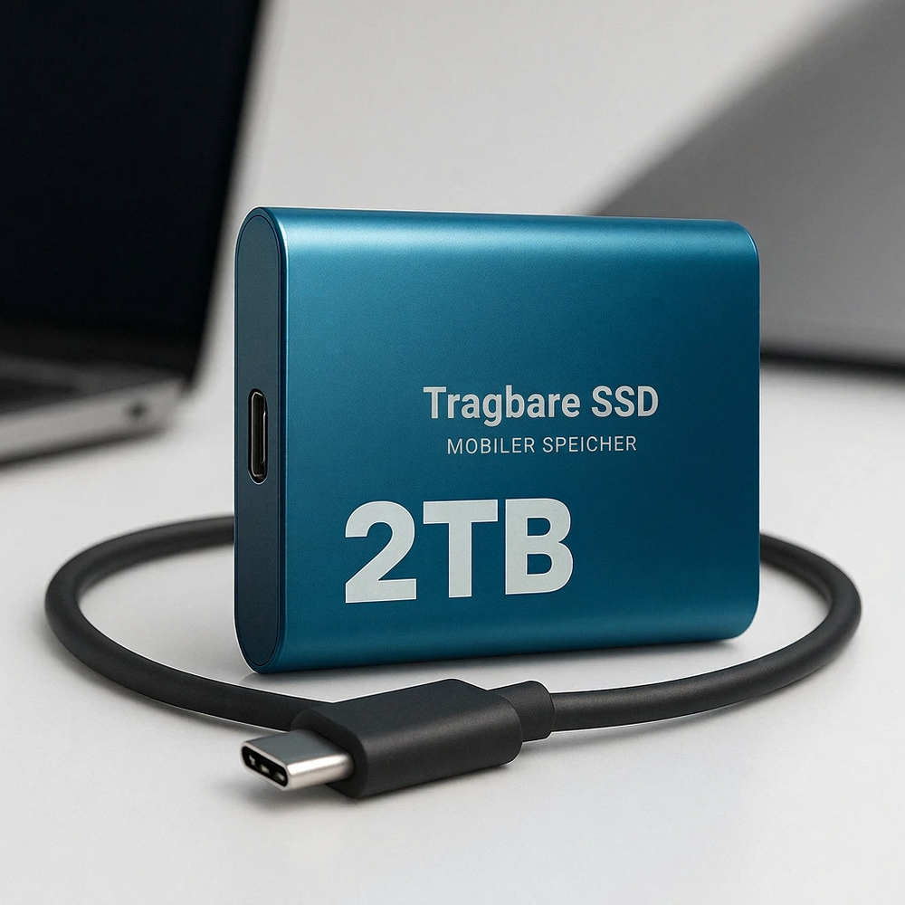 Blaue SSD mit USB-C-Kabel auf einem weißen Tisch, im Hintergrund ein unscharfer Laptop 2