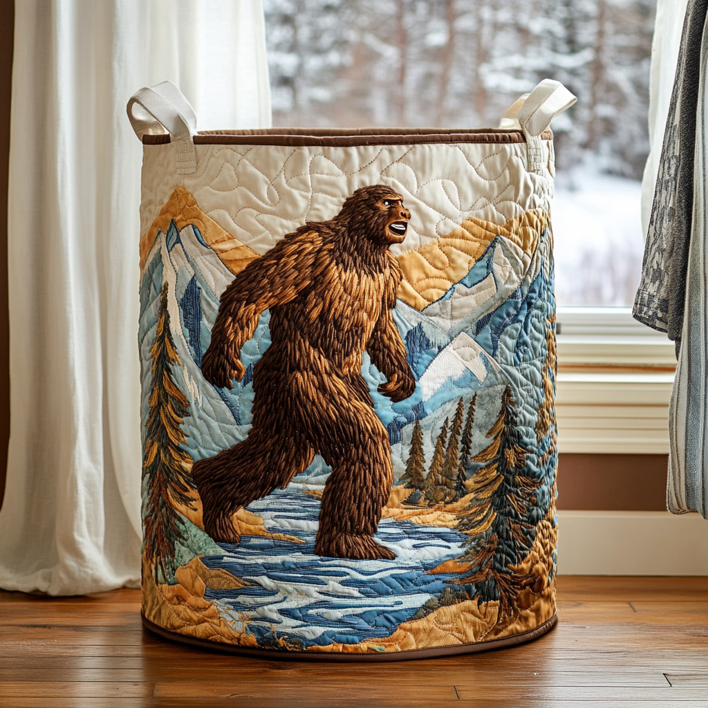 Gesteppter Korb mit aufgesticktem Bigfoot, der durch einen Fluss vor verschneiten Bergen und Tannen läuft, mit braunem Rand. 7