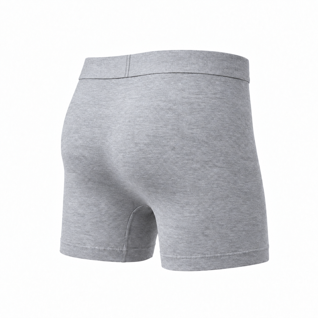 Hellgraue, melierte Boxershorts von hinten schräg fotografiert, glatte Rückseite mit breitem Bund. 8