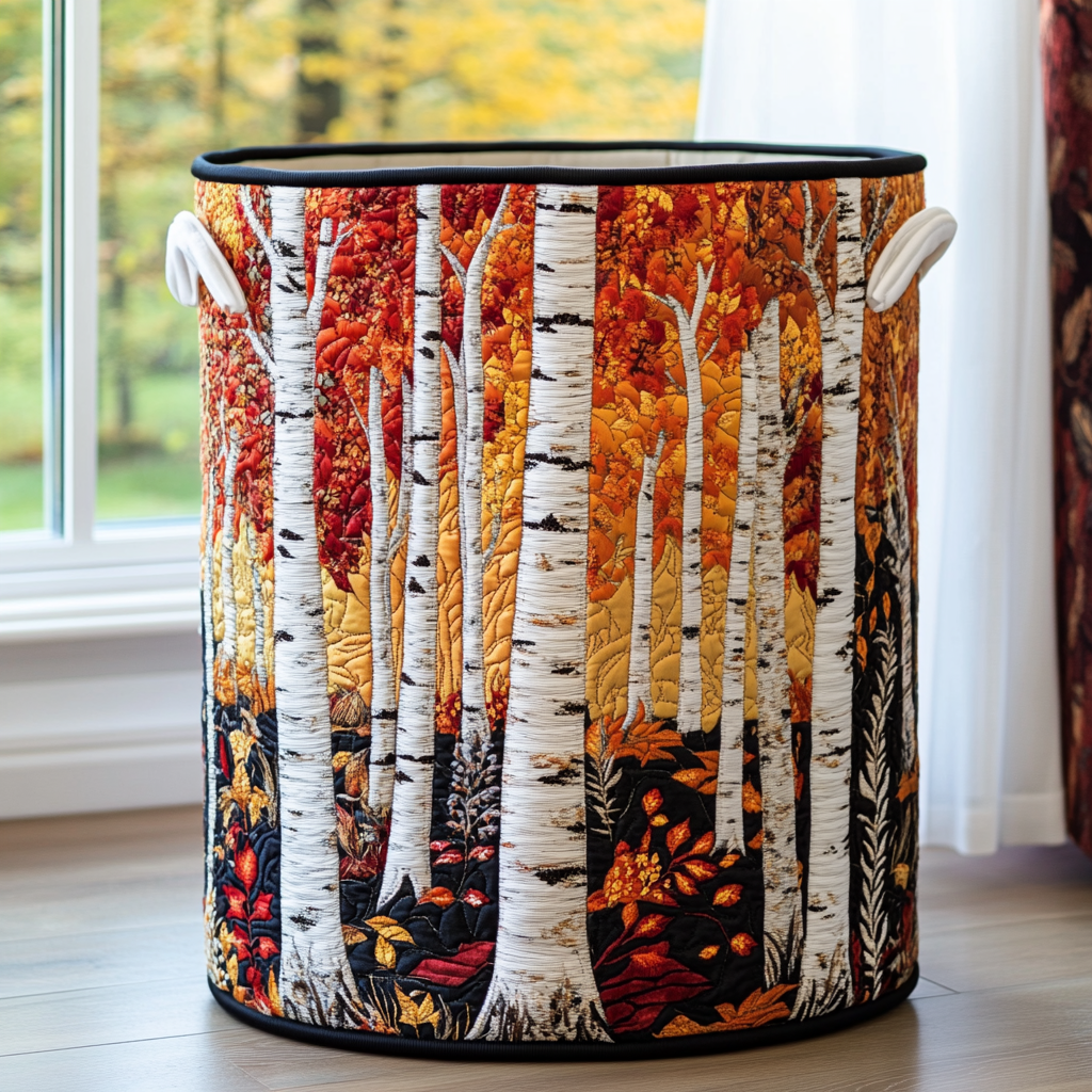 Gesteppter Korb mit Herbstmotiv aus weißen Birkenstämmen und rot-orangem Laub, schwarz eingefasst, mit zwei weißen Griffen am Fenster. 3