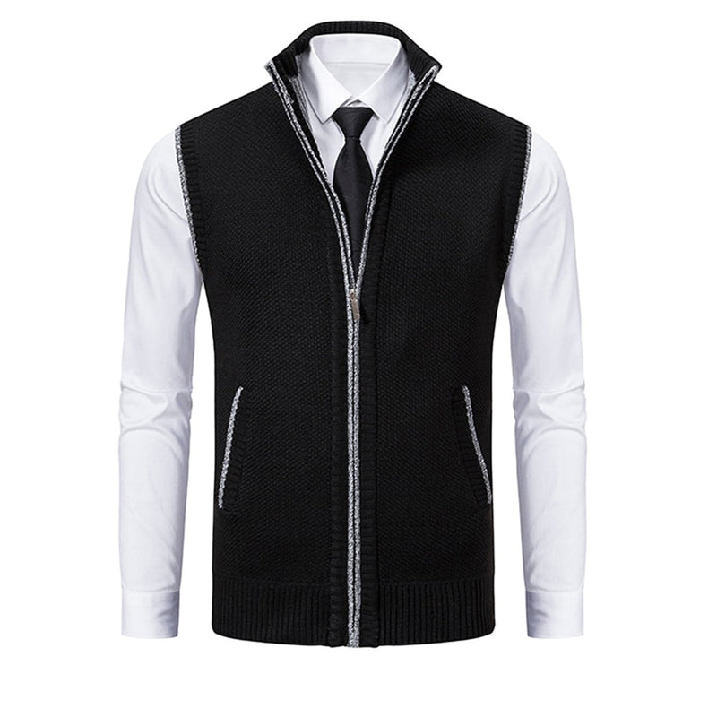 Schwarze Herrenweste mit Reißverschluss, elegantes Design, über weißem Hemd und Krawatte.
