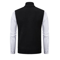 Schwarzer Herrenstrickpullover mit Rollkragen, ärmellos, Rückansicht, elegantes Design.