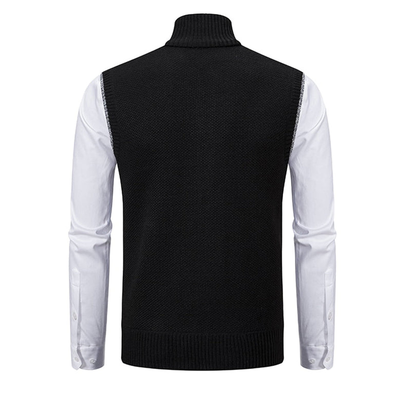 Schwarzer Herrenstrickpullover mit Rollkragen, ärmellos, Rückansicht, elegantes Design.