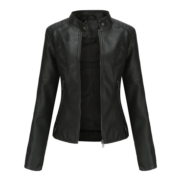 Schwarze Damen-Lederjacke, Reißverschluss, Stehkragen, modisch, elegant, hochwertig.