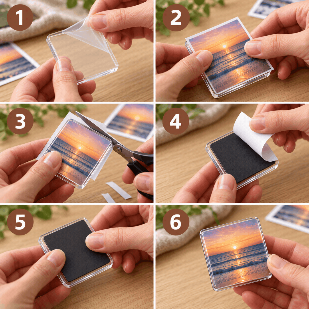 Sechs Bilder zeigen Schritt für Schritt, wie ein Foto in den Acrylmagneten eingesetzt wird 5