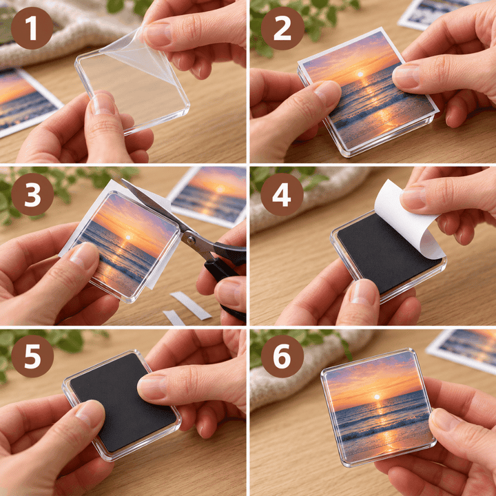 Sechs Bilder zeigen Schritt für Schritt, wie ein Foto in den Acrylmagneten eingesetzt wird 5