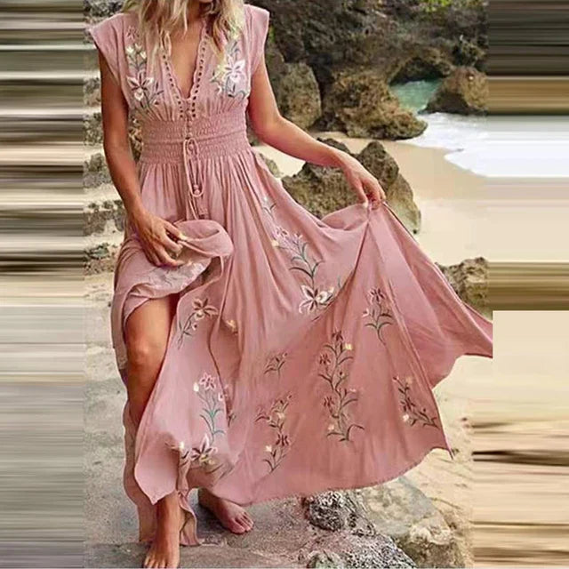 Boho summer midi dress with V-neck and airy cut – Talia